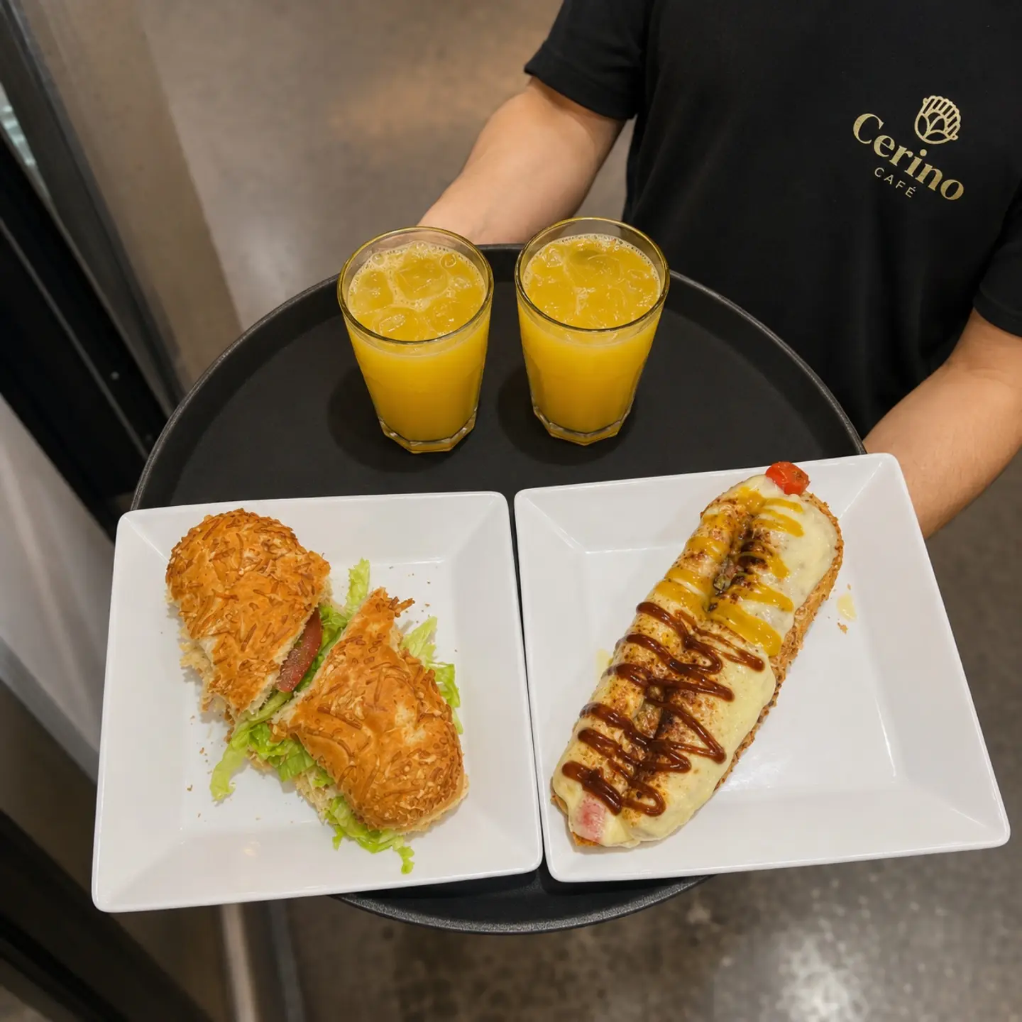 Atendimento do Cerino Café servindo sanduíches e sucos