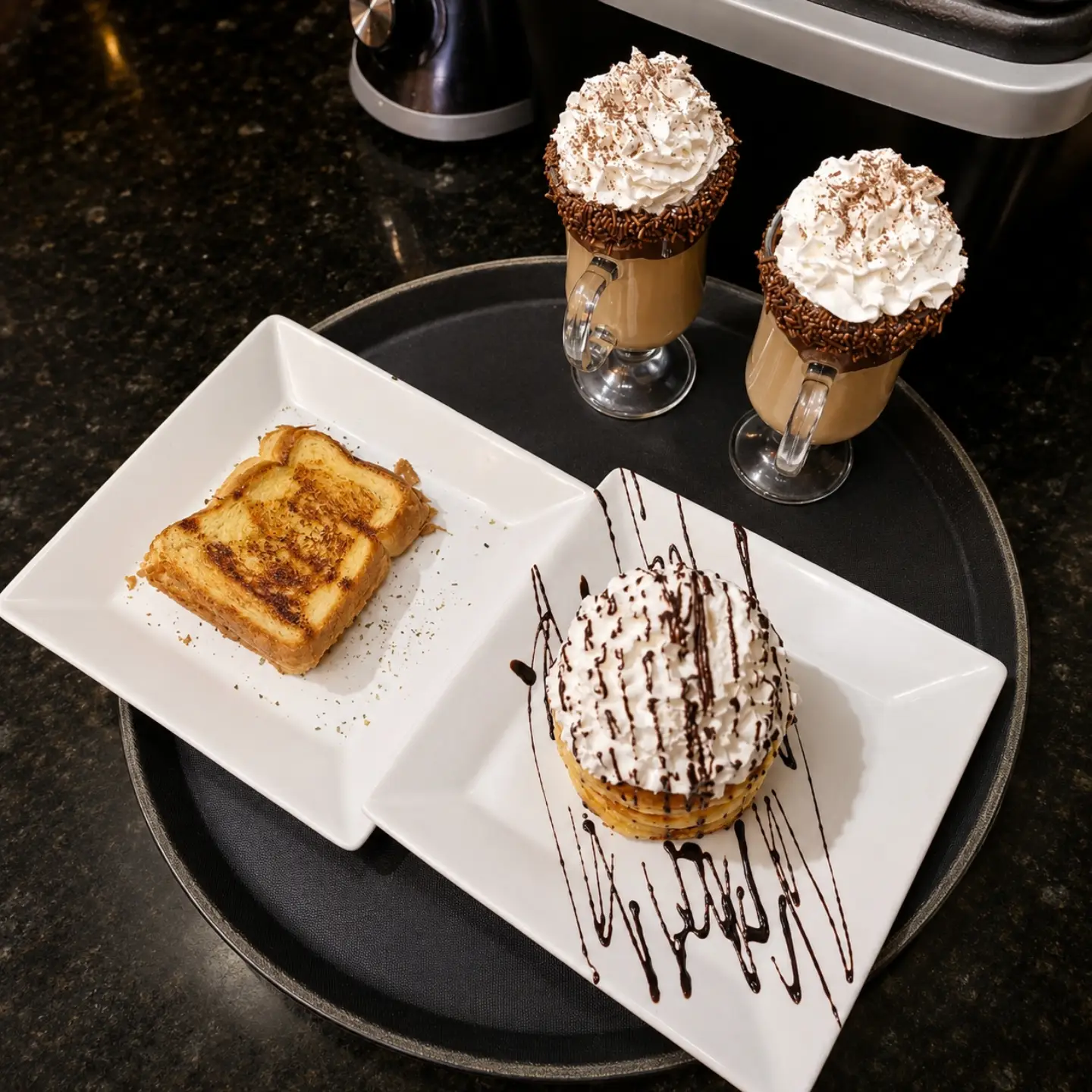Tostas e panquecas com mochaccino